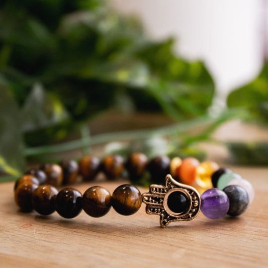 Tiger’s Eye Hamsa 7 Chakra Elastic Bracelet - Healing Properties and Strength Benefits.