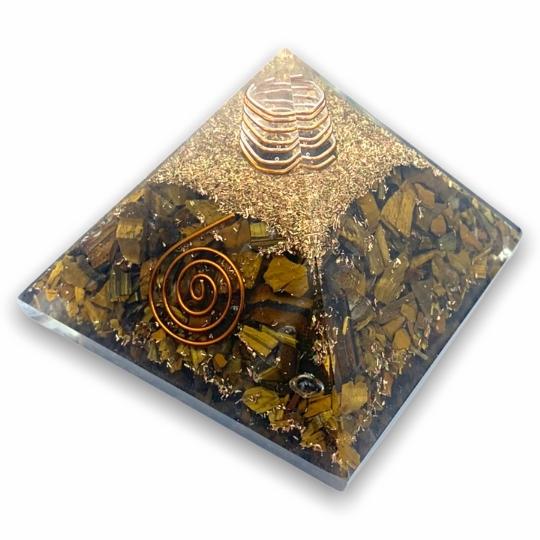 Tiger’s Eye Orgone Pyramid for confidence, protection, and energy focus.