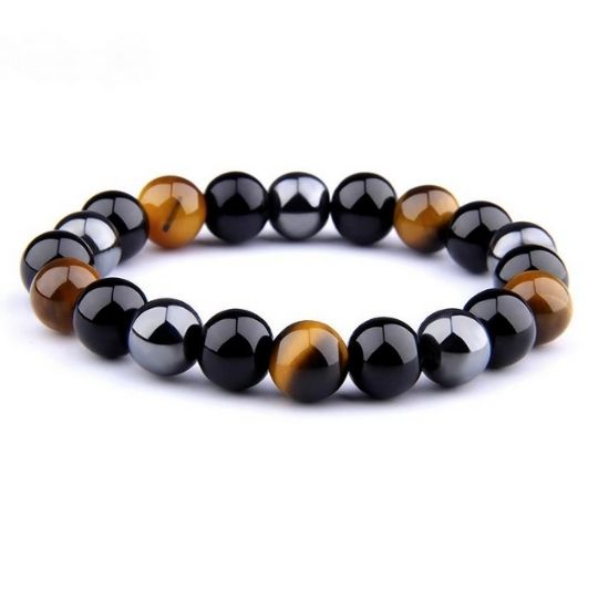 Close-up of Triple Protection Bracelet Beads – Black Obsidian, Tiger’s Eye, Hematite.