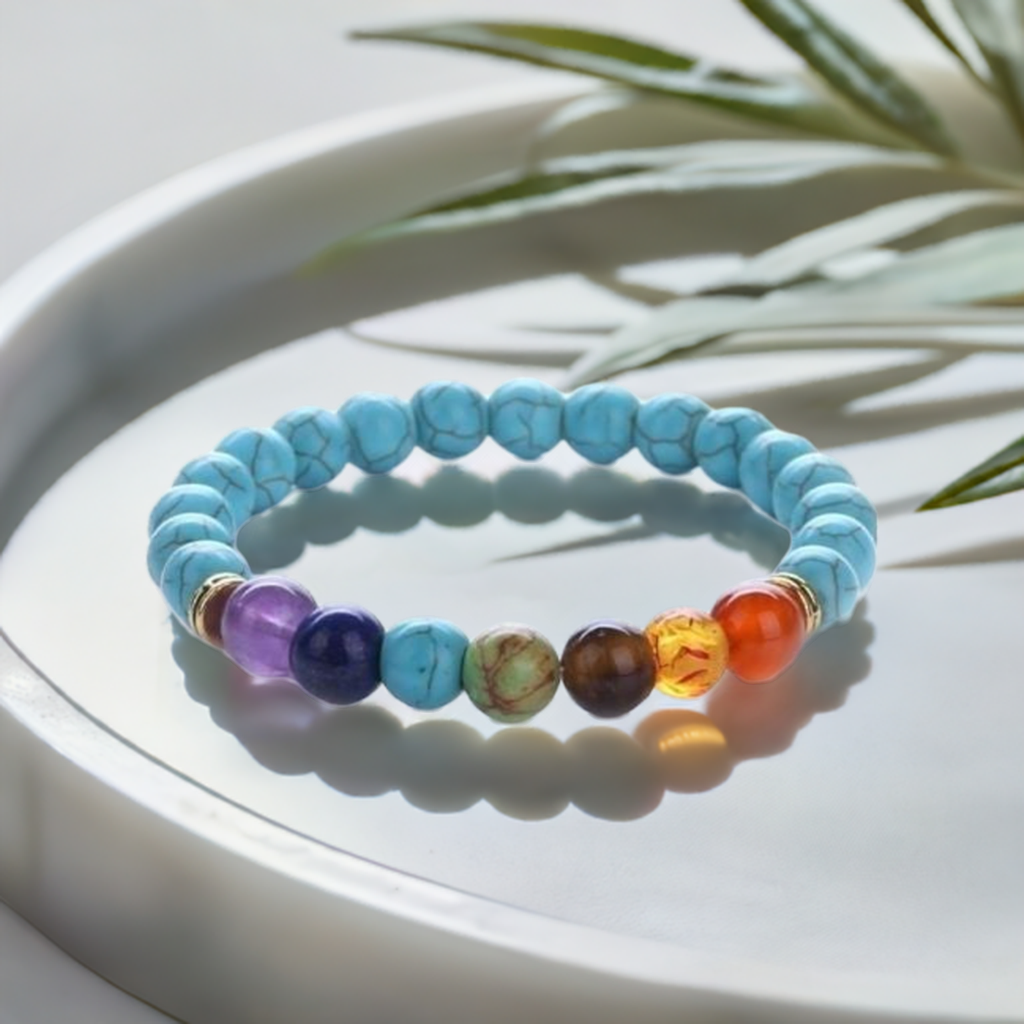 Turquoise 7 Chakra Elastic Bracelet – Balancing Energy and Promoting Healing for Men and Women.