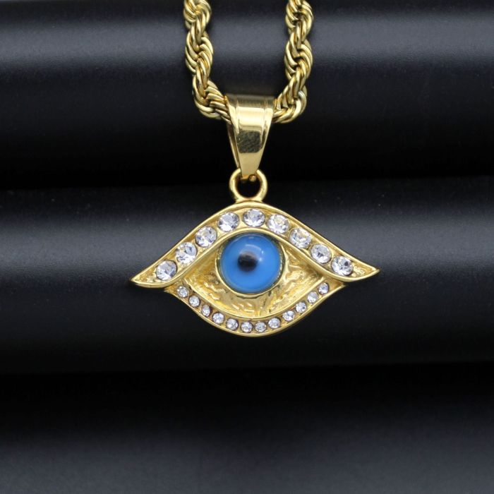 Unisex 18k Gold-Plated Evil Eye Necklace with Cuban Zircons and Stainless Steel Chain by Ancient Infusions.