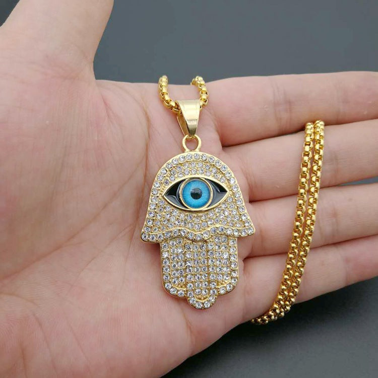 Real 18k Gold-Plated Hamsa with Evil Eye Necklace Featuring Cuban Zircons and Stainless Steel Chain – Spiritual Jewelry.