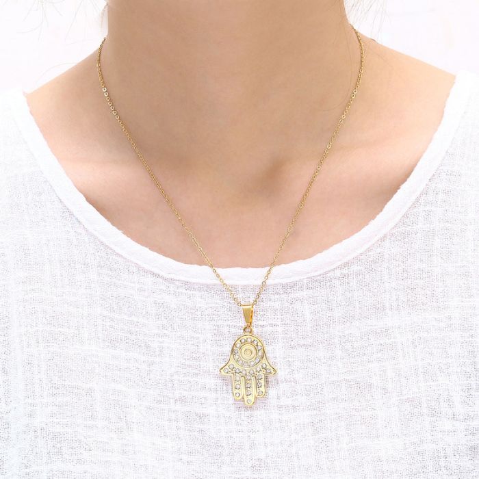 Women’s Gold and Silver Hamsa Hand Necklace with Evil Eye Pendant – Dual-Tone Stainless Steel Jewelry.