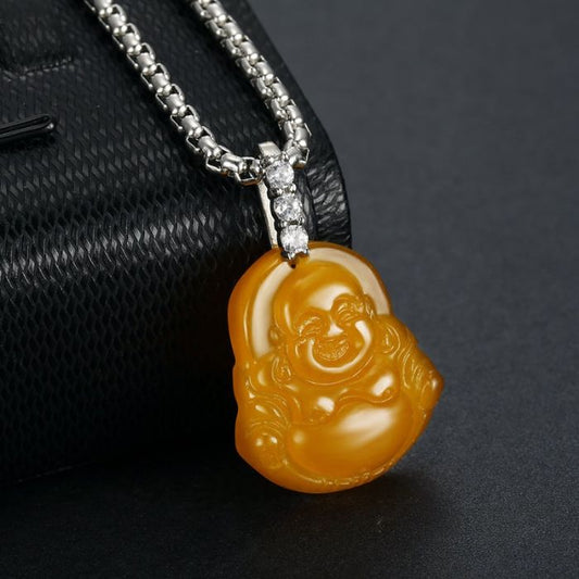 Yellow Jade Laughing Buddha Necklace with Cuban Zircons and Stainless Steel Chain by Ancient Infusions – Elegant Spiritual Jewelry.